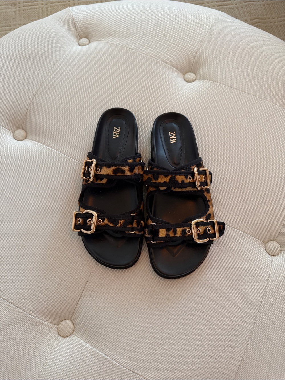 ZARA Leopard-Print Buckle Slide Sandals - Black & Brown size 39